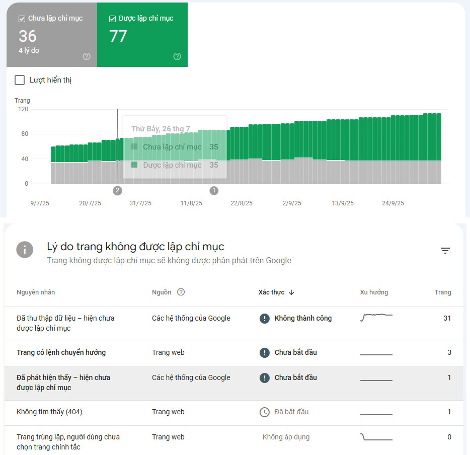báo cáo Phạm vi chỉ mục cho một trang web lớn