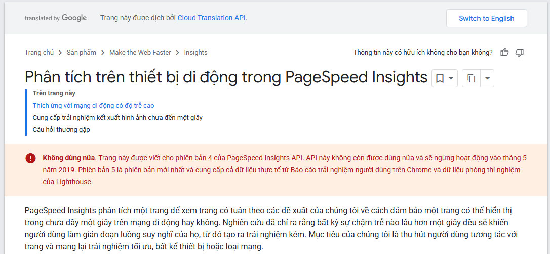 Thông tin chi tiết về tốc độ trang của google