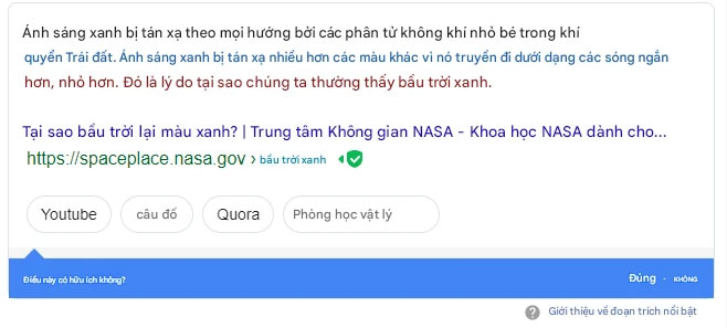 Đoạn trích nổi bật của Google trả lời câu hỏi tại sao bầu trời lại màu xanh