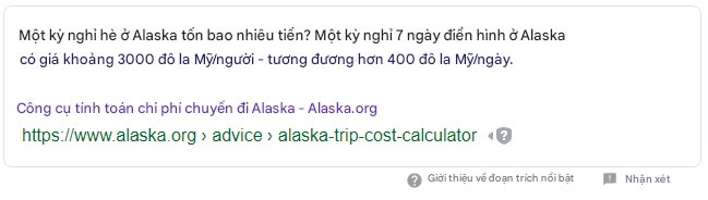 Đoạn trích nổi bật của Google về chi phí cho một kỳ nghỉ hè ở Alaska.