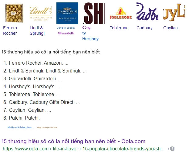 Đoạn trích nổi bật của Google về các thương hiệu sô cô la ngon nhất