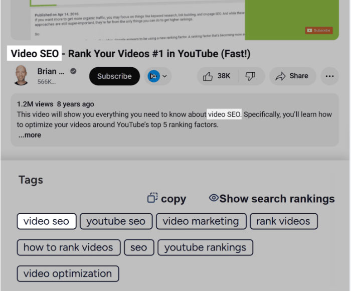 tags từ khoá youtube