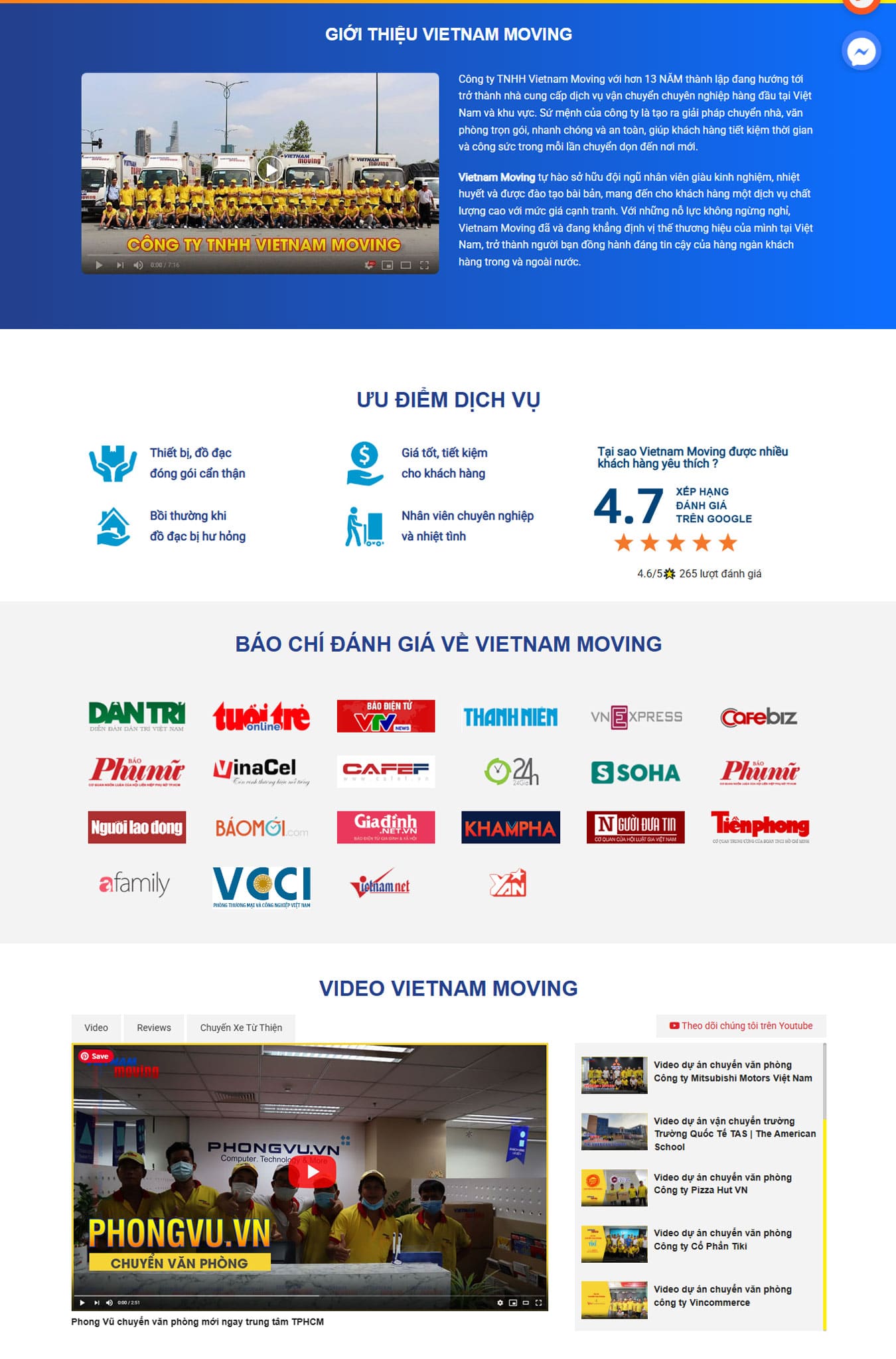 Giới thiệu mẫu web dịch vụ chuyển nhà